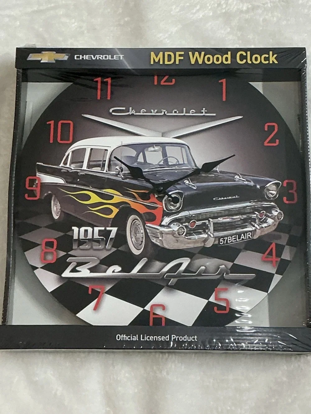 New in box wrapped in plastic 1957 Bel Air MDF Wood Clock - Black with Red
